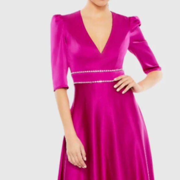 MAC DUGGAL A 26923 SATIN RHINESTONE ENCRUSTED PUFF SHOULDER FUSCHIA DRESS sz 10